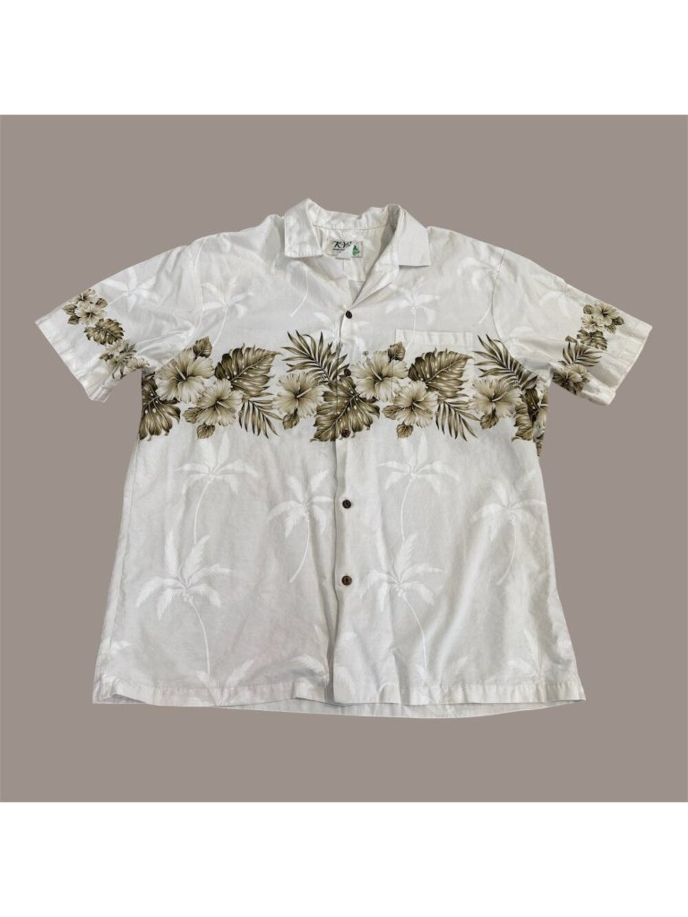 KY'S Mens XL Hawaiian 100% Cotton Beige Tan Hibiscus Palm Tree Shirt Hawaii